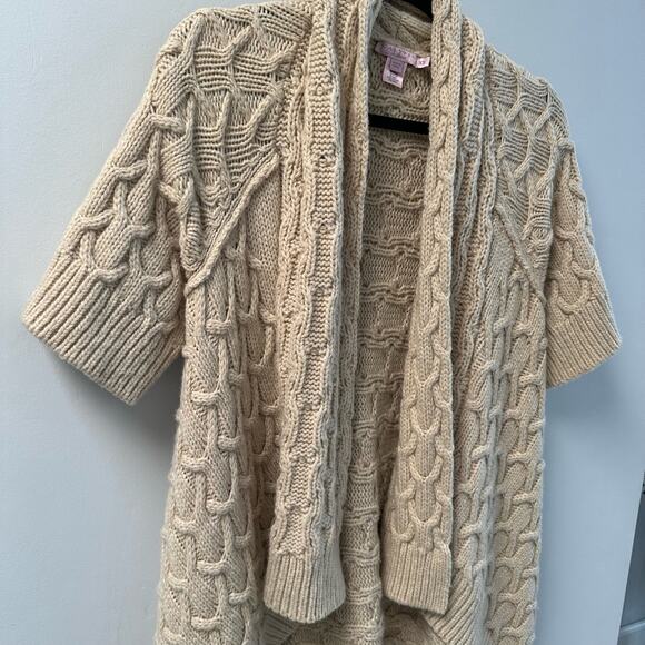 Calypso St. Barth Cable Knit Open Cardigan Short Sleeve Wool Wrap Sweater Tan - Picture 5 of 7
